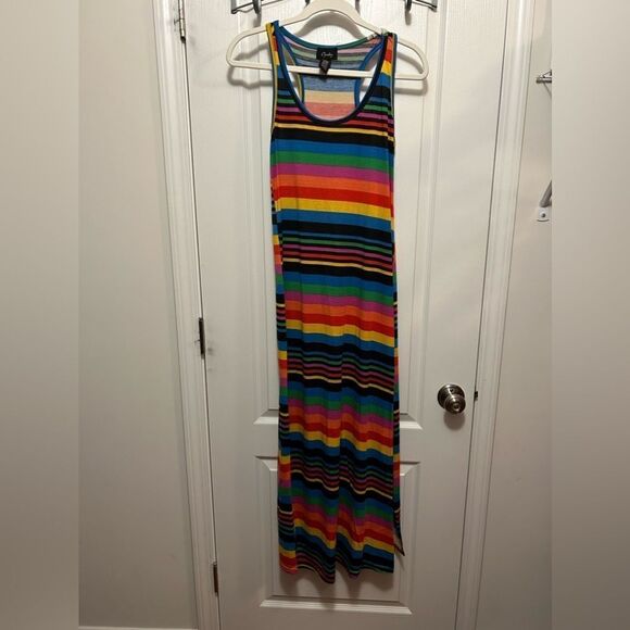 Chesley womens L rainbow striped multicolored maxi dress colorful retro slit EUC - Picture 1 of 14
